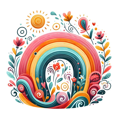 Hand drawn rainbow with flowers, leaves and sun. Vector illustration.の素材