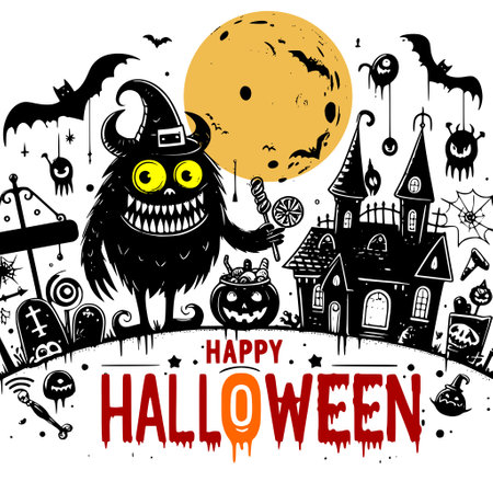 Halloween greeting card with cute cartoon black monster. Vector illustration.のイラスト素材