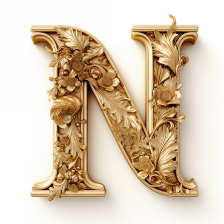 Golden capital letter N decorated with baroque elements. 3D renderingの素材