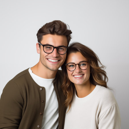 Portrait of a happy young couple in eyeglasses against white backgroundの素材