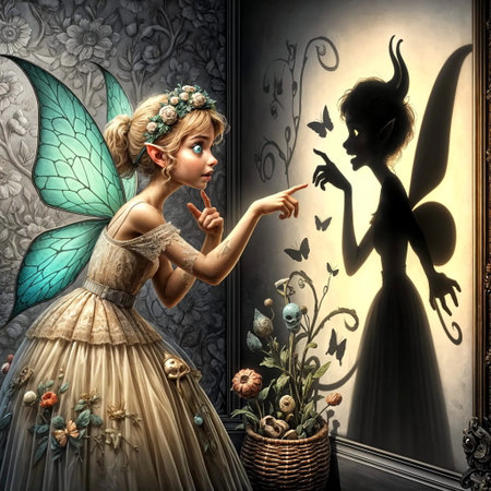 Fantasy illustration of a beautiful fairy surprised with an evil twin, devil, shadowy personality, alter ego, doppelgangerの素材