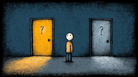 Illustration of a hand drawn person with a question mark in front of two doors illustration choices choose decidingの素材