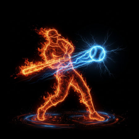 Power energy illustration of  fiery flaming burning baseball batter player hitting a electric blue baseball on black background, sports,の素材