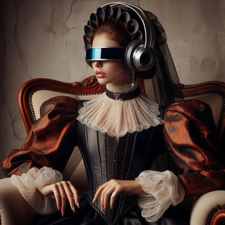 Portrait of a beautiful futuristic visor headphone steampunk victoiran woman in a vintage interior. vintageの素材