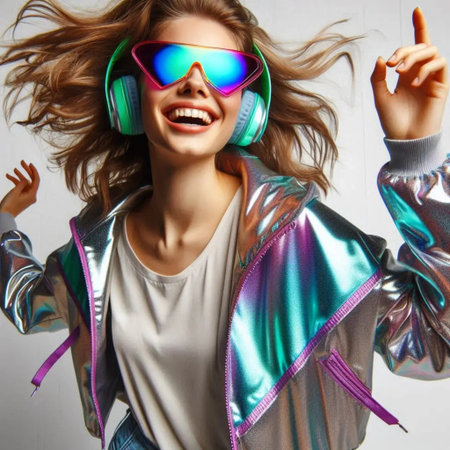 young pretty happy caucasian woman in fashion color sunglasses with headphones on white background jumping in joy, fashion portrait, emotional excited lifestyle disco styleの素材