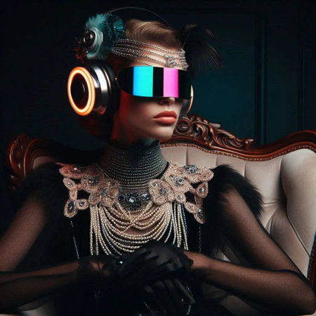 Portrait of a beautiful futuristic visor headphone steampunk victoiran woman in a vintage interior.の素材