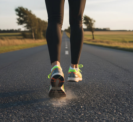 Runner feet running on country road. fitness  jogging workout wellness concept.の素材