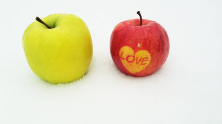 Apples on snow with heartの写真素材