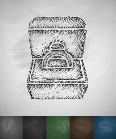 engagement ring in a box icon. Hand drawn vector illustration. Chalkboard Designのイラスト素材