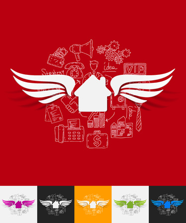 hand drawn simple elements with house paper sticker shadowのイラスト素材