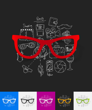 hand drawn simple elements with glasses paper sticker shadowのイラスト素材