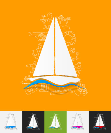 hand drawn simple elements with sailboat paper sticker shadowのイラスト素材
