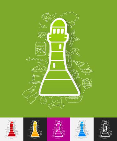 hand drawn simple elements with lighthouse paper sticker shadowのイラスト素材