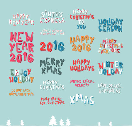 A large collection of Christmas greeting phrases in cartoon styleのイラスト素材