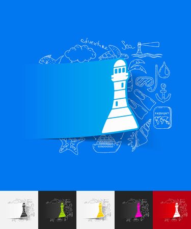 hand drawn simple elements with lighthouse paper sticker shadowのイラスト素材