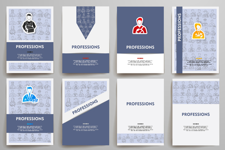 Corporate identity vector templates set with doodles professions theme. Target marketing conceptのイラスト素材