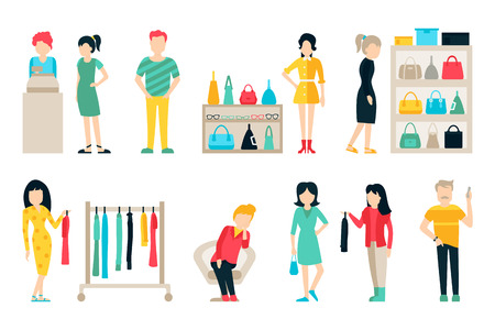 Vector shopping and shipping flat icons set. Mall Staff, Happy Buyers Isolated On White Background, Furniture, Clothes, Wardrobe, People Vector Illustration, Graphic Editable For Your Designのイラスト素材