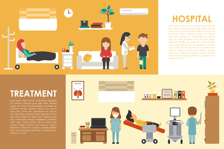 Hospital Medical Treatment flat medical hospital interior concept web vector illustration. Doctor, Patients, Queue, Medicine service presentationのイラスト素材