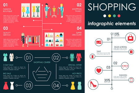 Shopping Center concept Retail infographic flat web vector illustration. Info, Graphic, People, Room, Shop, Discount, Boutique. Presentation timelineのイラスト素材