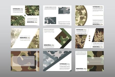 Set of Veterans Day brochure, poster templates in khaki style. Beautiful design and layout. Leaflet cover presentation abstract backgroundのイラスト素材