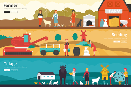 Farmer Seeding Tillage flat school interior outdoor concept web. Career Chart Funのイラスト素材