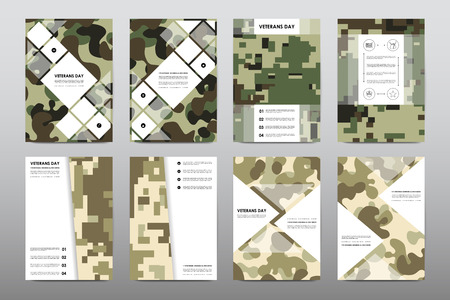 Set of Veterans Day brochure, poster templates in khaki style. Beautiful design and layout. Leaflet cover presentation abstract backgroundのイラスト素材