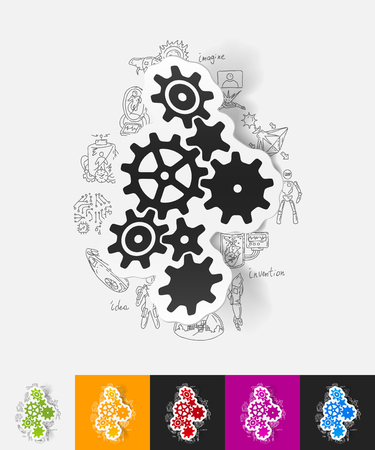 cogwheel paper sticker with hand drawn elementsのイラスト素材