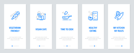 Vegetarian friendly, Vegan cafÃ©, Time to cook, Healthy eating, My kitchen - my rules Vertical Cards with strong metaphors. Template for website design.のイラスト素材
