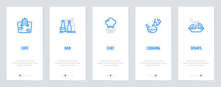 Cafe, Bar, Shef, Cooking, Dishes Vertical Cards with strong metaphors. Template for website design.のイラスト素材