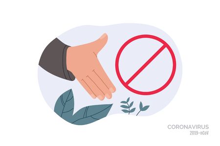 No handshake. Do not contact. Red prohibition sign. Precautions and prevention of coronavirus disease. Warning, dangerous infection on hands. Flat cartoon colorful vector illustration.のイラスト素材