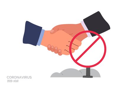 No handshake. Do not contact. Red prohibition sign. Precautions and prevention of coronavirus disease. Warning, dangerous infection on hands. Flat cartoon colorful vector illustration.のイラスト素材