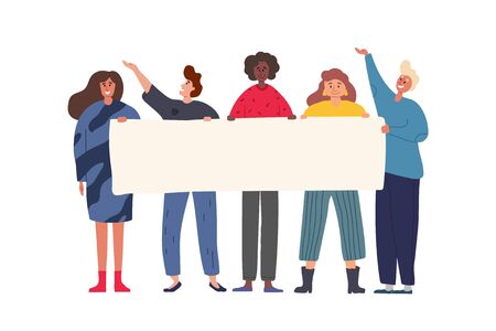 Happy group of friends standing together and holding blank banner. Flat cartoon colorful vector illustration.のイラスト素材