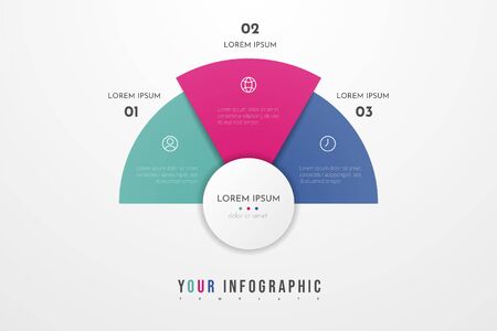 Abstract modern template for creating infographics with 3 options. Vector circle chart design. Can be used for workflow layout, presentations, reports, visualizations, diagram, web design, education.のイラスト素材