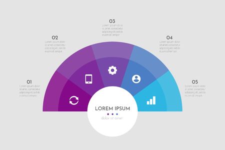 Abstract modern template for creating infographics with 5 options. Vector circle chart design. Can be used for workflow layout, presentations, reports, visualizations, diagram, web design, education.のイラスト素材