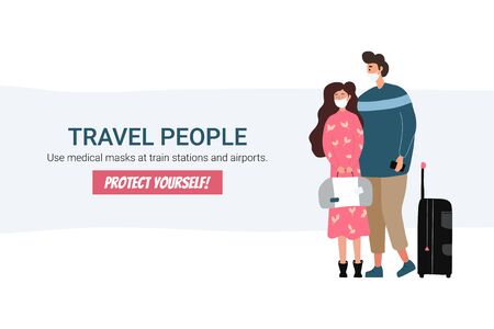 Young couple family with medical masks. Men and women wearing protection from virus. Young tourists travelling with backpacks and bags, suitcases. Vector illustration in a flat style.のイラスト素材