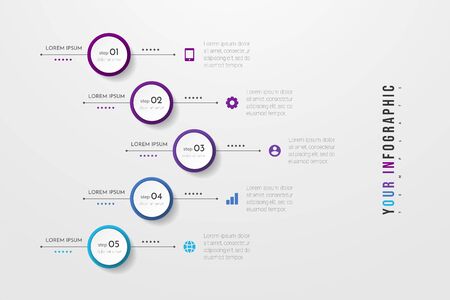 Circle infographic. Concept design with 5 options, steps or processes. Can be used for workflow layout, annual report, flow charts, diagram, presentations, web sites, banners, printed materials.のイラスト素材