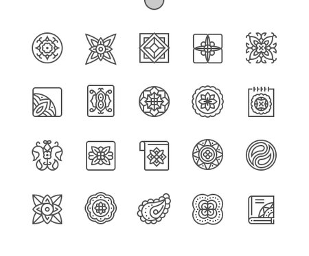 Ancient Geometric. Floral pattern and ornament. Mosaic and mandala. Pixel Perfect Vector Thin Line Icons. Simple Minimal Pictogramのイラスト素材