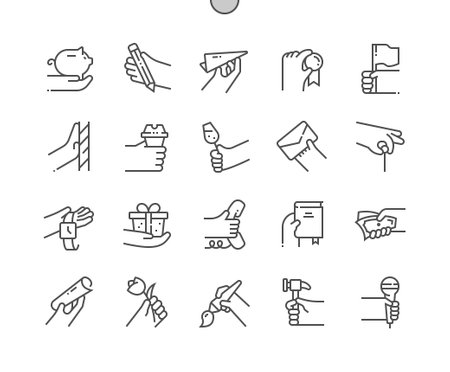 Hand gesture. Hand holding coffee, wineglass, letter, pin, watch, gift, phone, book, money, tulip, brush and other. Pixel Perfect Vector Thin Line Icons. Simple Minimal Pictogramのイラスト素材