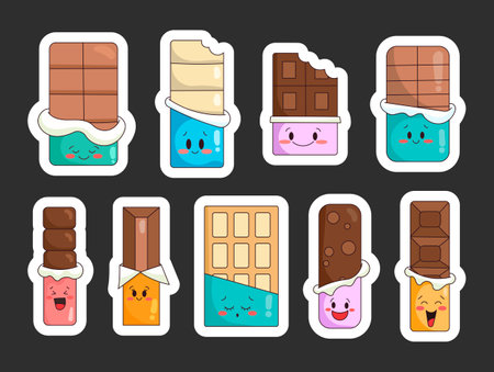 Chocolate bar cartoon. Sticker Bookmark. Sweet confectionery dessert. vector drawing. Collection of design elements.のイラスト素材