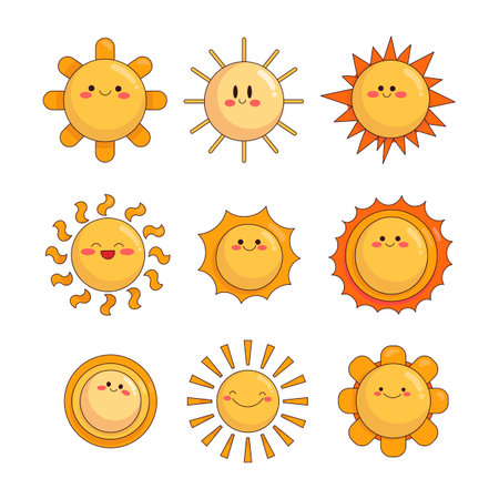 sun smile character. happy face cartoon. vector drawing. Collection of design elements.のイラスト素材