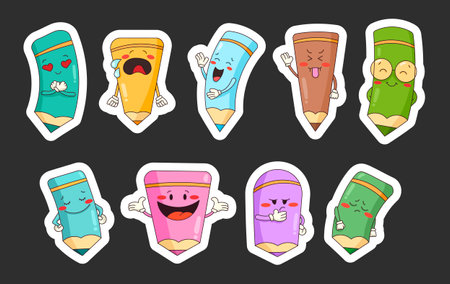 pencil character cartoon. Sticker Bookmark. Different emotions school subject. vector drawing. Collection of design elements.のイラスト素材