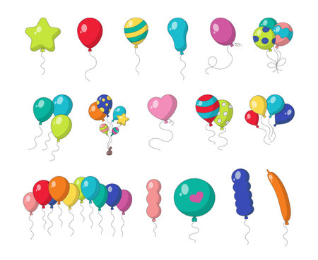 Balloons of different sizes and shapes. Bright and festive decorations. vector drawing. Collection of design elements.のイラスト素材