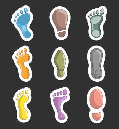 Different human footprints. Sticker Bookmark. Shoe tread imprint. Hand style. Vector drawing. Collection of design elements.のイラスト素材