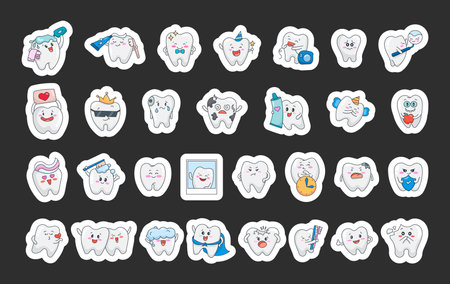 Cute tooth character. Sticker Bookmark. Care and cleaning concept. Morning routine. Dentistry. Vector drawing. Collection of design elements.のイラスト素材