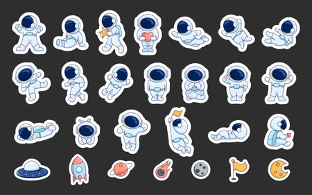Cute astronaut in a spacesuit. Sticker Bookmark. Cartoon cosmonaut character. Science technology. Vector drawing. Collection of design elements.のイラスト素材