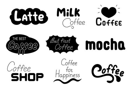 Handwritten text coffee shop cafe. Silhouette image. Quote calligraphy typography. Vector drawing. Collection of design elements.のイラスト素材