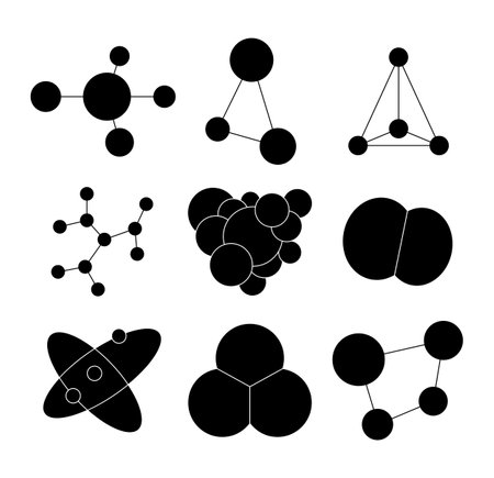 Molecule different shape. Silhouette image. Atom science symbol. Vector drawing. Collection of design elements.のイラスト素材
