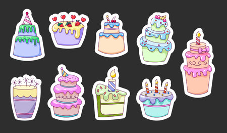 Festive sweet cake. Sticker Bookmark. Tasty dessert. Vector drawing. Collection of design elements.のイラスト素材