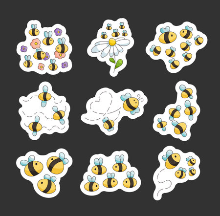 Cute cartoon hive. Bumblebee. Sticker Bookmark. Bee flying on a dotted route. Insect character. Hand drawn style. Vector drawing. Collection of design elements.のイラスト素材