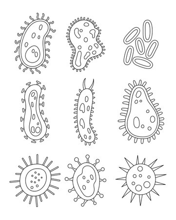 Different types of viruses. Coloring Page. Bacteria, biological microorganism, good and bad microbiota. Hand drawn style. Vector drawing. Collection of design elements.のイラスト素材